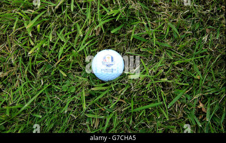 Golf - 40th Ryder Cup - Day One - Gleneagles. An official Ryder Cup golf ball at the start of day one of the 40th Ryder Cup at Gleneagles Golf Course, Perthshire. Stock Photo