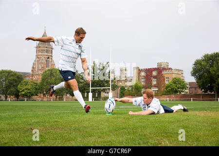 Prince Harry and Rugby World Cup 2003 winner and England 2015 Ambassador Jonny Wilkinson during a photocall at the Rugby School, Warwickshire. Stock Photo