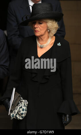 The Duchess of Cornwall attend the funeral of Deborah, the Dowager Duchess of Devonshire at St Peter's Church in Chatsworth. Stock Photo