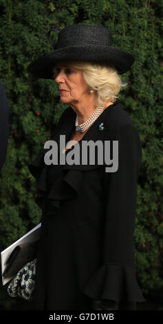 The Duchess of Cornwall attend the funeral of Deborah, the Dowager Duchess of Devonshire at St Peter's Church in Chatsworth. Stock Photo