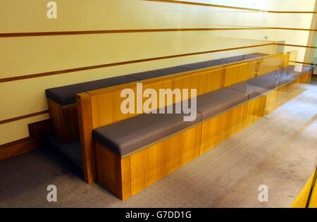 The defendants' bench at Belmarsh Magistrates Court in south-east London. Stock Photo