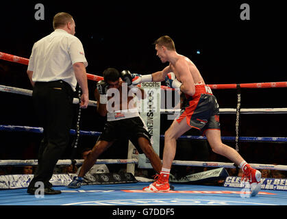 Callum Smith (right) in action against Rafael Sosa Pintos in the Super Middleweight contest at the First Direct Arena, Leeds. Stock Photo