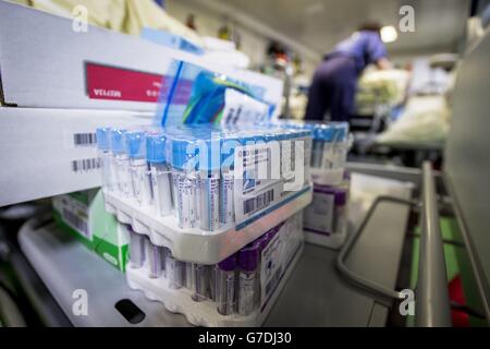 Medical equipment aboard the Royal Fleet Auxiliary Argus, currently docked in Falmouth, in the ships hospital as several hundred crew prepare to set sail on Friday October 17th to Sierra Leone, Africa, to assist with the Ebola epidemic. Stock Photo