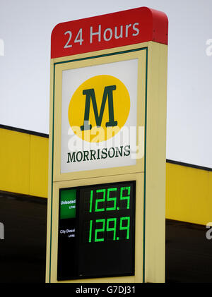 Prices for a litre of Unleaded Petrol, and Diesel are seen on a sign at a Morrisons garage Stock Photo