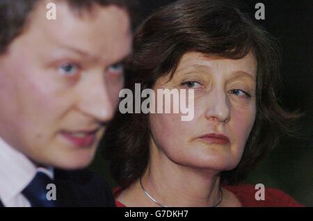 Geraldine Finucane, the wife of murdered solicitor Pat Finucane, stands besides her son Michael, as he addresses the media outside No. 10 Downing Street in central London. The family of Mr Finucane are calling for a public inquiry into his death, whereas at present, only a private one has been offered. Stock Photo