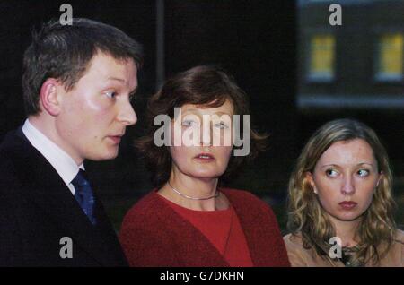 Geraldine Finucane (centre), the wife of murdered solicitor Pat Finucane, stands besides daughter Katherine, and son Michael as he addresses the media outside No. 10 Downing Street in central London. The family of Mr Finucane had been visiting British Prime Minister Tony Blair and are calling for a public inquiry into his death, whereas at present, only a private one has been offered. Stock Photo