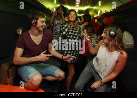 Jessica Wright from The Only Way Is Essex takes part in a silent disco, and dances along to a specially created Spotify Hottest Party Playlist, whilst onboard a train at London Marylebone station to celebrate the 40th year of the 16-25 Railcard. Stock Photo