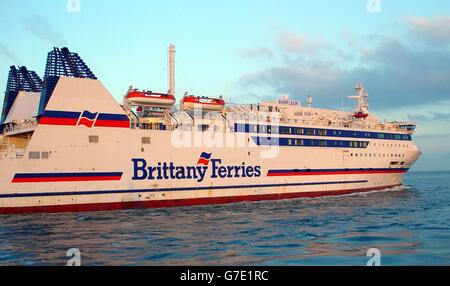 The Brittany Ferries vessel Barfleur leaving Poole Harbour, Dorset. Stock Photo