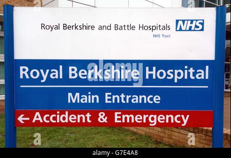 The sign board showing the directions for the A&E at the Royal Berkshire Hospital in Reading, where the victims of yesterday's fatal rail crash were admitted. Six people were killed and 11 seriously injured after a high-speed train hit a car on a level crossing and derailed. Stock Photo