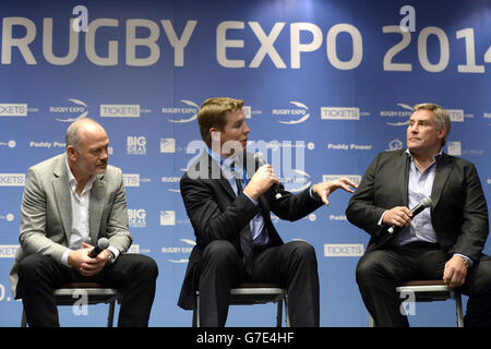 Former Wales rugby player Ieuan Evans (left) and Former England rugby player Jason Leonard (right) speak during day one of 2014 Rugby Expo at Twickenham Stadium, London. Stock Photo