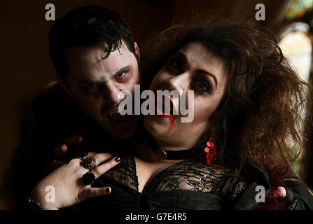 Vampires Anthony Kinahan 'Slasher' and Camille Lucy Ross 'Carmilla' in The Church Bar, Dublin, as the Bram Stoker Festival begins its four day Gothic occupation of Dublin.and his gothic novel. Stock Photo