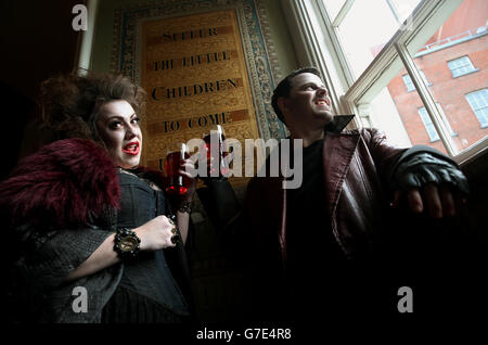 Vampires Anthony Kinahan 'Slasher' and Camille Lucy Ross 'Carmilla' in The Church Bar, Dublin, as the Bram Stoker Festival begins its four day Gothic occupation of Dublin.and his gothic novel. Stock Photo