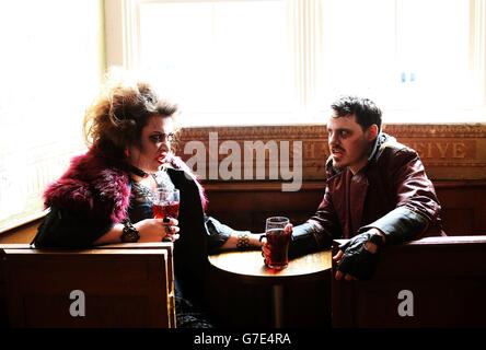 Vampires Anthony Kinahan 'Slasher' and Camille Lucy Ross 'Carmilla' in The Church Bar, Dublin, as the Bram Stoker Festival begins its four day Gothic occupation of Dublin.and his gothic novel. Stock Photo