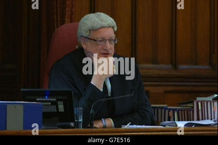 EDITORIAL USE ONLY A still taken from a video feed of Mr Justice Turner during the filming of Max Clifford's appeal hearing in the Court of Appeal, London, as the three Court of Appeal judges said they would give their decision in his case at a later date after they heard argument on his behalf against his 'too long' prison term. Stock Photo