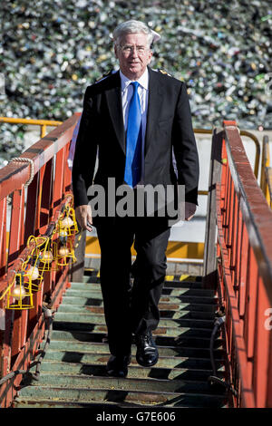 Secretary of State for Defence, Michael Fallon, boards the Royal Fleet Auxillary Argus, docked in Falmouth, as the ships crew prepare to set sail on Friday October 17th to Sierra Leone, Africa, to assist with the Ebola epidemic. Stock Photo