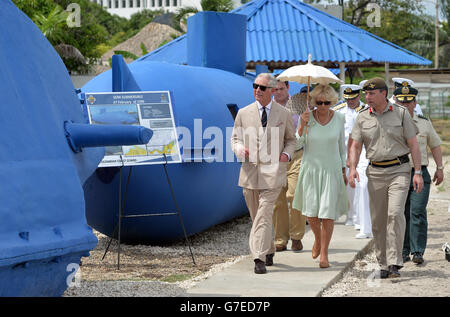 The Prince of Wales and the Duchess of Cornwall visit the Naval Academy in Cartagena, Colombia to view a display of semi-submersibles captured from drug smugglers on the fourth day of the Prince of Wales and Duchess of Cornwall's tour to Colombia and Mexico. Stock Photo