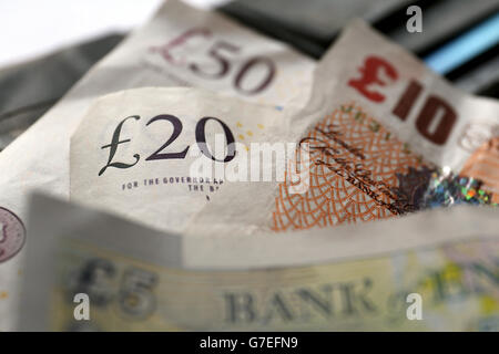 Stock picture Fifty, Twenty, Ten, and Five pound notes. Stock Photo