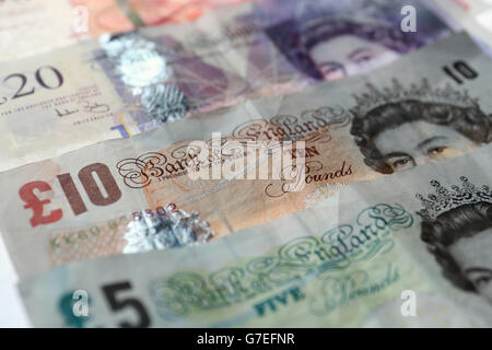 Stock picture of Fifty, Twenty, Ten, and Five pound notes. Stock Photo