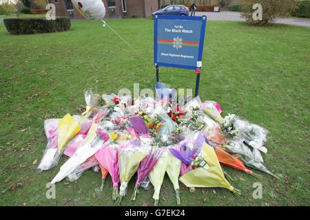 Floral tributes outside St. Giles garrison church Stock Photo