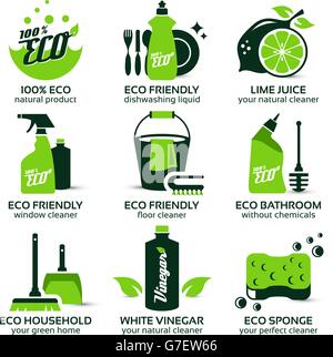 flat icon set for green eco cleaning, the drop shadow contains transparencies, eps10 Stock Vector