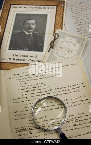 Some maunscripts, letters and photographs of Sir Arthur Conan Doyle and other previously unseen material, which will go on display at the British Library in London. Stock Photo