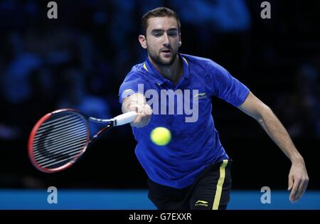 Tennis - Barclays ATP World Tour Finals - Day Four - O2 Arena. Marin Cilic competes against Tomas Berdych during the Barclays ATP World Tour Finals at The O2 Arena, London. Stock Photo