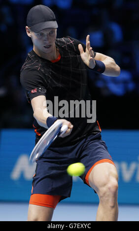 Tennis - Barclays ATP World Tour Finals - Day Four - O2 Arena. Tomas Berdych competes against Marin Cilic during the Barclays ATP World Tour Finals at The O2 Arena, London. Stock Photo