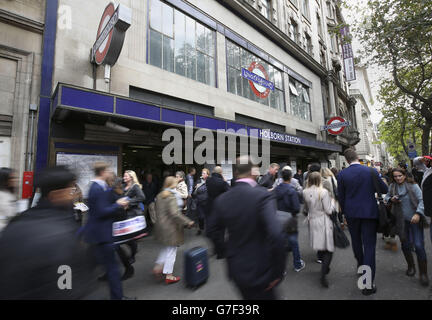 A general view of Holborn underground station in central London where a potentially fatal incident in which a woman passenger was dragged along an Underground platform after her scarf was caught in the doors of a departing Tube train has been described in a rail accident report. Stock Photo