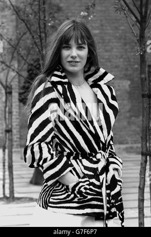 Fashion spectacular for a star - a tie-belted zebra print jacket in fake fur shown in London by Jane Birkin, who was modelling Tsaritsar autumn clothes as a change from acting and singing. Jane, who has just recorded an album called 'Di-Doo-Dah' recently finished work on Roger Vadim's film 'If Don Juan Was A Woman', in which she co-stars with Brigitte Bardot. Stock Photo