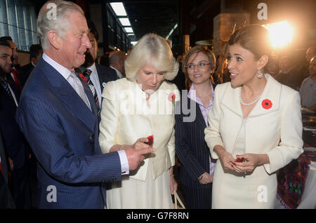 The Prince of Wales and The Duchess of Cornwall view a market exhibition showcasing regional culinary traditions as they receive an official welcome by the Governor Rodrigo Medina and First Lady Gretta Salinas de Medina of Nuevo Leon at the Parque Fundidora, Monterrey in Mexico, on the ninth day of the Prince of Wales and Duchess of Cornwall's tour to Colombia and Mexico. Stock Photo