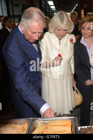 The Prince of Wales and The Duchess of Cornwall view a market exhibition showcasing regional culinary traditions as they receive an official welcome by the Governor Rodrigo Medina and First Lady Gretta Salinas de Medina of Nuevo Leon at the Parque Fundidora, Monterrey in Mexico, on the ninth day of the Prince of Wales and Duchess of Cornwall's tour to Colombia and Mexico. Stock Photo