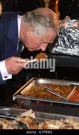 The Prince of Wales and The Duchess of Cornwall view a market exhibition showcasing regional culinary traditions as they receive an official welcome by the Governor Rodrigo Medina and First Lady Gretta Salinas de Medina of Nuevo Leon at the Parque Fundidora, Monterrey in Mexico, on the ninth day of the Prince of Wales and Duchess of Cornwall's tour to Colombia and Mexico. Stock Photo