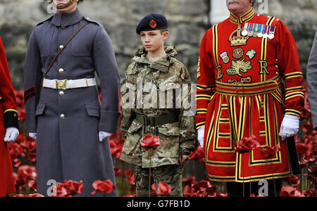 Cadet Harry Hayes, 13, at the laying of the final poppy at the art installation 'Blood Swept Lands and Seas of Red' by artist Paul Cummins at the Tower of London. Stock Photo