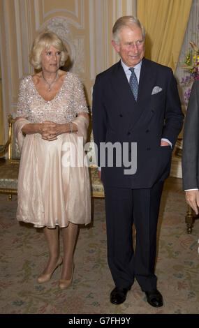 The Prince of Wales and Duchess of Cornwall during a state dinner in Bogota, Colombia, as the guests of Colombian president Juan Manuel Santos and his wife Maria. Stock Photo