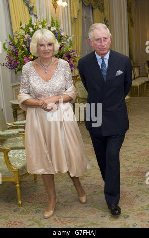 The Prince of Wales and Duchess of Cornwall during a state dinner in Bogota, Colombia, as the guests of Colombian president Juan Manuel Santos and his wife Maria. Stock Photo