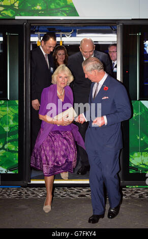 The Prince of Wales and The Duchess of Cornwall view an A.D.L. double-decker bus as they attend a reception to celebrate the launch of 'The Year of the U.K. in Mexico 2015 at San Ildefonso College in Mexico City, on the seventh day of the Prince of Wales and Duchess of Cornwall's tour to Colombia and Mexico. Stock Photo