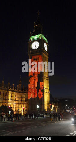 Poppies are projected onto the Elizabeth Tower which houses Big Ben ...