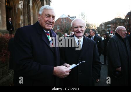 Willie John McBride (left) and Mike Gibson outside Fisherwick Presbyterian Church prior to a thanksgiving service for Irish rugby player Jack Kyle, who died last week aged 88. Stock Photo