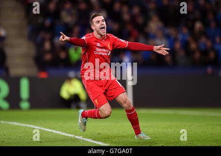 Liverpool's Jordan Henderson celebrates scoring his side's third goal during the Barclays Premier League match at the King Power Stadium, Leicester. PRESS ASSOCIATION Photo. Picture date: Tuesday December 2, 2014. See PA story SOCCER Leicester. Photo credit should read Joe Giddens/PA Wire. Stock Photo