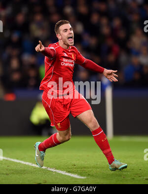 Liverpool's Jordan Henderson celebrates scoring his side's third goal during the Barclays Premier League match at the King Power Stadium, Leicester. PRESS ASSOCIATION Photo. Picture date: Tuesday December 2, 2014. See PA story SOCCER Leicester. Photo credit should read Joe Giddens/PA Wire. . . Stock Photo