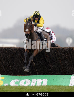 Wilton Milan, ridden by Jack Sherwood, jumps the last to go on and win the Bet365 Conditional Jockeys' Handicap Chase during day two of the bet365 Hennessy Festival at Newbury Racecourse, Berkshire. Stock Photo