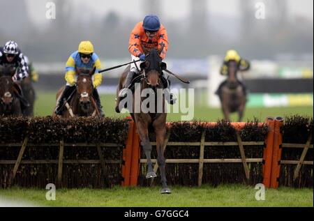 Tullyesker Hill, ridden by jockey Tom Scudamore, jumps the last to go on and win the Pertemps Network Handicap Hurdle during day two of the bet365 Hennessy Festival at Newbury Racecourse, Berkshire. Stock Photo