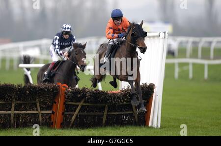 Tullyesker Hill (right), ridden by jockey Tom Scudamore, jumps the last to go on and win the Pertemps Network Handicap Hurdle during day two of the bet365 Hennessy Festival at Newbury Racecourse, Berkshire. Stock Photo