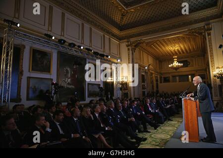 Afghan president Ashraf Ghani, speaks to delegates at the London Conference on Afghanistan at Lancaster House in central London. Stock Photo
