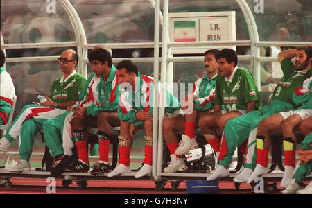 International Soccer. ASIA'96 Semi Final Iran v Saudi Arabia. The Iranian bench Stock Photo