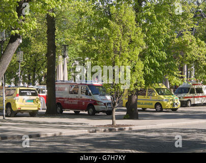 Ambulances lined up but not needed in Karl Johan, Oslo Norway, ready for any emergency during a national holiday parade Stock Photo