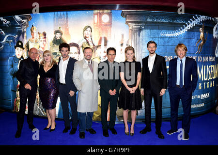 Sir Ben Kingsley, Rebel Wilson, Shawn Levy, Ricky Gervais, Ben Stiller, Alice Eve, Dan Stevens and Owen Wilson attending the European film premiere of Night of the Museum: Secret Of The Tomb at Empire Leicester Square, London. Stock Photo