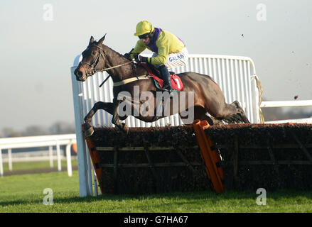 Horse Racing - Kempton Racecourse. Carole's Spirit, ridden by Daryl Jacob, jumps the last to win the OLBG Mares' Hurdle at Kempton Racecourse, Surrey. Stock Photo