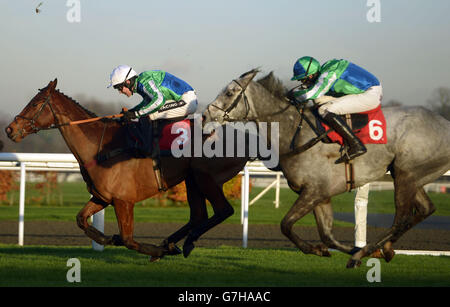 Horse Racing - Kempton Racecourse. Tenor Nivernais (left) ridden by Aidan Coleman wins the Pertemps Network Handicap Steeple Chase at Kempton Racecourse, Surrey. Stock Photo