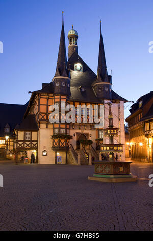 Illuminated town hall in the market square at dusk, Wernigerode, Harz area, Saxony-Anhalt, PublicGround Stock Photo